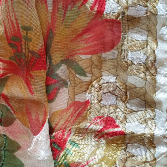 Vintage 80s Long Gold and Red Floral Scarf - Picture 3 of 6